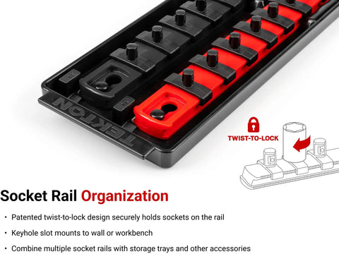 1/4 Inch Drive Socket Set With Rails And Trays, Shallow And Deep 6 Point Sockets, 50 Piece SAE And Metric, organize on rail
