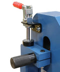 Close-up of Badass 2 X 48 Two Wheel Belt Grinder Brings 8000 Sfpm Punch On Regular 110v Outlet with a lever and handle.