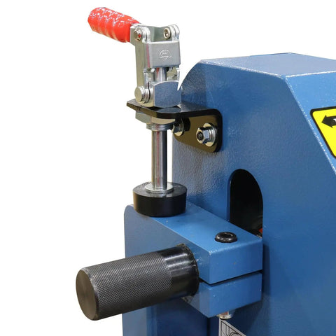 Close-up of Badass 2 X 48 Two Wheel Belt Grinder Brings 8000 Sfpm Punch On Regular 110v Outlet with a lever and handle.