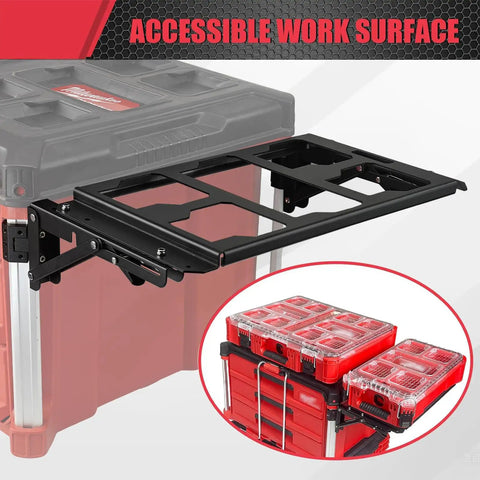 Fold-Out Packout Mount For Packout Toolbox Side Storage, Durable Folding Mounting Plate That Snugly Fits Packout Rail And Converts Your Space Into A Ready-To-Go Work Surface shown extended as work table.