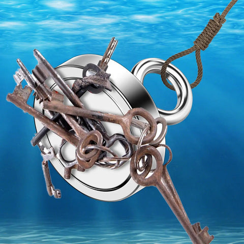 Beefy Neodymium Fishing Magnet With 300 Lbs Pull collecting rusty keys underwater, showing its strong retrieval capability.