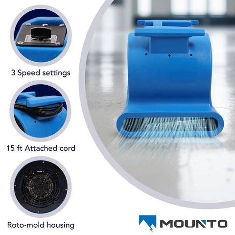Powerful 1HP 4000+ CFM 3-Speed Air Mover Floor Blower with heavy-duty rotomolded housing, front view showing features and 15 ft cord