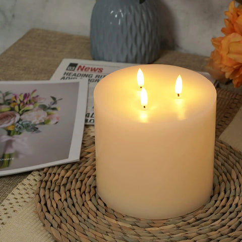 Extra Large 6x6 Flameless Candles With Three Wicks Battery Operated LED Pillar Candles With Remote And Timers Real Wax Ivory