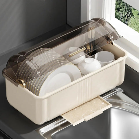 Sleek White Plate Drying Rack And Smart Kitchen Organizer Built With Hella Sturdy Pp Pet Material Offering Massive Counter Storage that holds dishes and utensils.