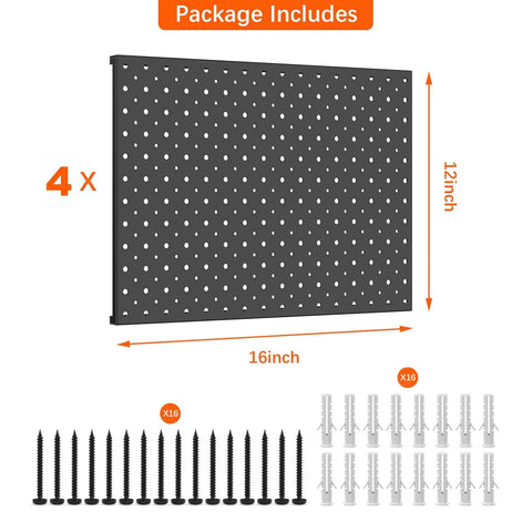 Four Piece Twelve By Sixteen Inch Metal Pegboard Panels Built Tough For Your Garage, Workbench And Shop, screws and anchors included