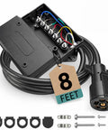 Heavy Duty 7 Way Trailer Cord With 8 Ft Wiring Harness And Molded Nylon Junction Box for RV Camper Towing, featuring connections and accessories