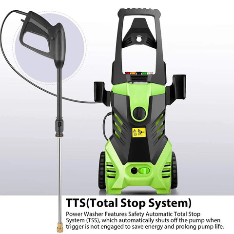 HD4000 Electric Pressure Washer with 1700W motor, front view showing TSS feature and hose attachment