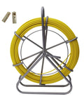 6mm 130m Fiberglass Fish Tape With Steel Reel Stand And Brake, 425ft Wire Pulling Rod For Electrical Ducts, Non Conductive Cable Running Tool With Copper Tips Heavy Duty Duct Rodder on steel stand with yellow tape.