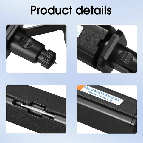 Four detailed views of the Pro Grade Round Cable Stripping Knife for 19-40mm Armored Cables with labels and parts shown.