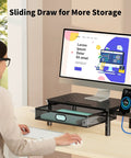 Ergonomic Monitor Stand Riser With Metal Mesh Drawer And Phone Holder Height Adjustable At 4.13 4.92 And 5.71 Inches Go To Desk Organizer For Computer Laptop Printer And Notebook on desk with monitor and keyboard