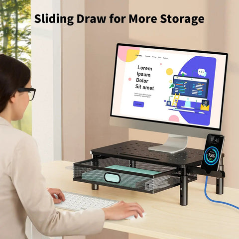 Ergonomic Monitor Stand Riser With Metal Mesh Drawer And Phone Holder Height Adjustable At 4.13 4.92 And 5.71 Inches Go To Desk Organizer For Computer Laptop Printer And Notebook on desk with monitor and keyboard