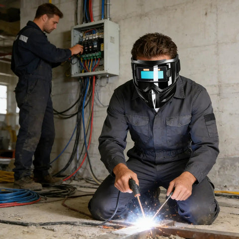 Worker using Automatic Welding Helmet With True Color Lens, Safety Cover, And Air Supply Respirator System in industrial setting.