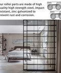 Four Wheel Trolley Assembly For Channel Strut Light Duty Compatible With All One And Five Eighths Inch P1000 P1001 P5000 P5001 P5500 P5501 And Taller Strut Channel In Electro Galvanized Steel For Rust And Corrosion Protection 2 Pack metal rollers on a bedroom's glass door track.