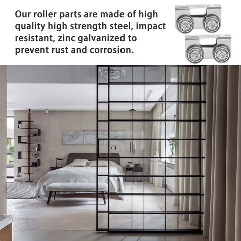 Four Wheel Trolley Assembly For Channel Strut Light Duty Compatible With All One And Five Eighths Inch P1000 P1001 P5000 P5001 P5500 P5501 And Taller Strut Channel In Electro Galvanized Steel For Rust And Corrosion Protection 2 Pack metal rollers on a bedroom's glass door track.