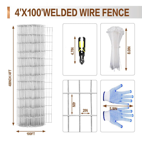 Heavy Duty Galvanized Welded Wire Fence Roll 4 Ft By 100 Ft With 2x4 Inch Mesh, 16 Gauge Hardware Cloth For Strong Backyard Protection And Poultry Netting, Garden Fence, 4x100 ft roll