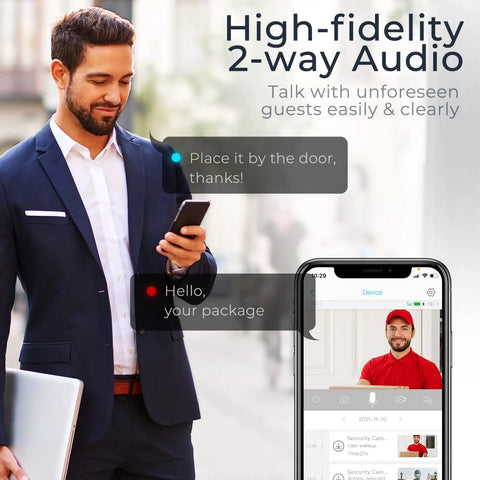 Man using Solar Powered Wireless Security Camera With 2K Color Night Vision, Outdoor WiFi Surveillance on smartphone, two way audio display.