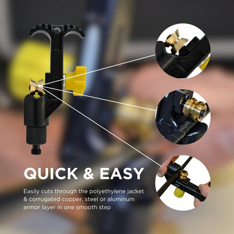Close-up of Portable Cable Slitter For Armored Fiber Cable And Central Tube Slitting On Both Sides Of Fiber And Copper Cables With Corrugated Or Smooth Jackets Ten Ounce Dope Tool For Electricians And Installers showing cutting blades.