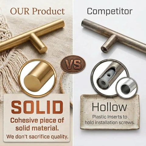 Heavy Hitter Solid Stainless Steel Bar Handles 25 Pack Euro Style Cabinet Pulls With Killer Brushed Satin Gold Brass Finish comparison of solid vs hollow handles