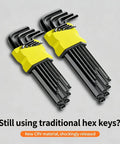 Premium Extra Long Ball End Hex Key Set Crafted From Heat Treated Crv Steel With Black Oxide Finish For High Torque Work And Stubborn Fasteners That Come In A Metric 9 Piece Kit, metric ball-end hex keys in yellow holders