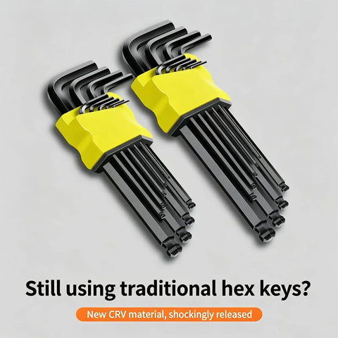 Premium Extra Long Ball End Hex Key Set Crafted From Heat Treated Crv Steel With Black Oxide Finish For High Torque Work And Stubborn Fasteners That Come In A Metric 9 Piece Kit, metric ball-end hex keys in yellow holders