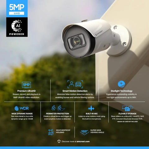 Outdoor PoE AI Security Camera With Dope 5MP 2592x1944 High Resolution, mounted on wall, IP67 weatherproof, daytime view
