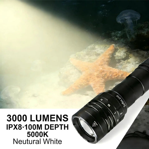 Powerful Dive Light 3000 Lumen 5000K Natural White Underwater Flashlight IPX8 Waterproof To 100M shown near a starfish