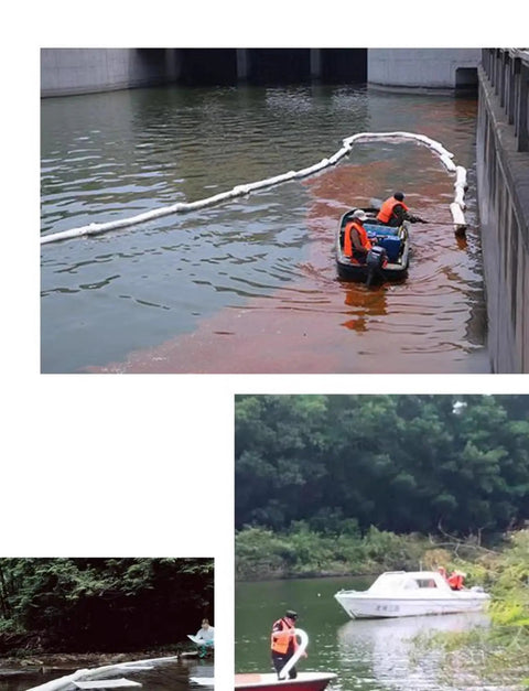 Rugged Workhorse Oil Only Absorbent Booms Five Pack Reusable Polypropylene Cleanup Fences in use on water for oil spill recovery