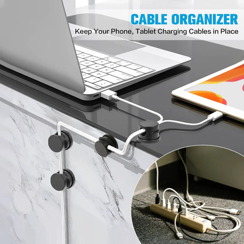 Six Piece Cord Organizer Set With 360 Degree Rotating Cable Clips and Strong Adhesive used on a desk for cable management