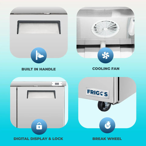 Hella Solid Heavy Duty Sixty Inch Two Door Undercounter Refrigerator In Silver For Commercial Kitchens Featuring Straight Shooter Cooling With Smooth Liftgate Freight Delivery with built-in handle, cooling fan, digital display and break wheel.