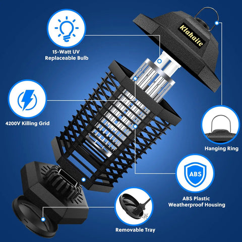 Outdoor Bug Zapper And Mosquito Killer For Patio And Backyard, 4200V Electric Fly Trap With Blue Violet Light, Indoor Outdoor Mosquito Repellent, Fireproof ABS Housing, 3 Prong Plug, Covers Half Acre, detailed product diagram
