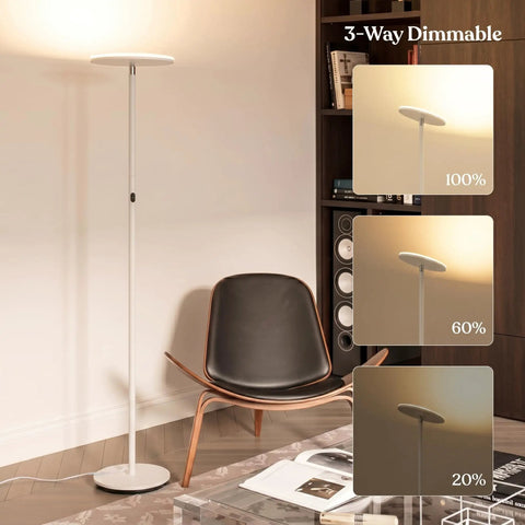 Sky LED Floor Lamp Torchiere Lit And Super Bright Dimmable Tall Standing Lamp in living room with 3-way dimmer options