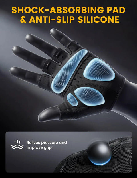 Dope Bike Gloves For Men And Women With Anti Slip Shock Absorbing Pad Breathable Lycra Mesh Back showcasing palm padding.