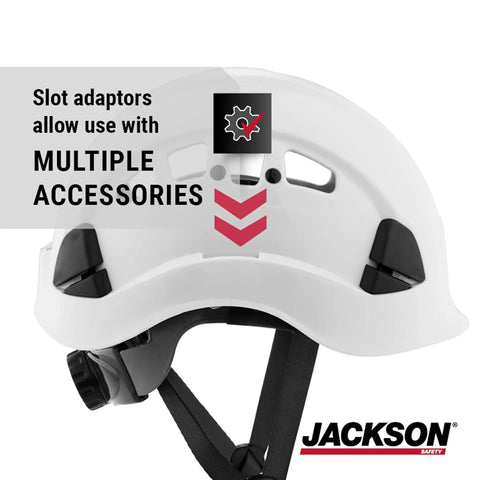 Side view of CH400V Climbing Style Hard Hat with Venting and Molded Cup Chin Strap, showing accessory slot adaptors.