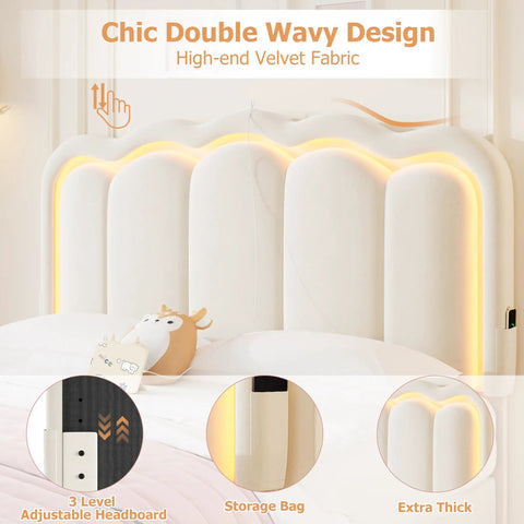 Full Size Beige Velvet Platform Bed Frame With Soft Led Lighting And Dual Gliding Storage Drawers Plus Adjustable Wavy Headboard.