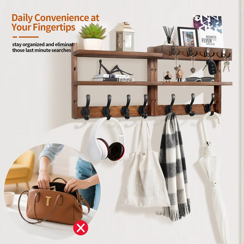 Two In One Wall Mount Coat Rack With Shelf And Key Mail Organizer 29 Inch Long Entryway Hanger With 11 Hooks, brown finish