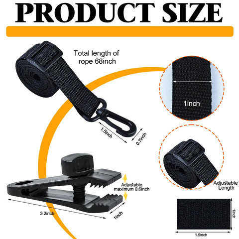 Upgraded Pool Solar Cover Reel Strap And Clip Kit Featuring Serrated Teeth Clamps, 68 inch adjustable strap and clamp detail.