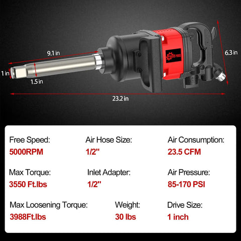 One Inch Air Impact Wrench Built Tough As Nails For Heavy Duty Repair Shops Packing 3550 Ft Lbs Of Hammering Power And 5000 Rpm Free Speed.