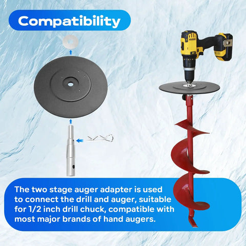 Two Stage Ice Auger Adapter Kit that lets you hook up your drill to any hand auger with a 9.05 inch stopper disc in use