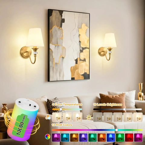 Battery Operated Wall Sconces Set of 2,Rechargeable Wireless Wall Sconces with 10000mAh RGB Dimmable Bulb and Remote,15 Colors Cordless Wall Lights for Bedroom,Bathroom,Living Room & Hallway(Gold) illuminating artwork on a living room wall.