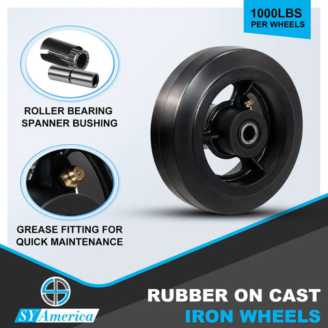 Tough As Nails Six By Two Inch Heavy Duty Caster Wheels With Thick Rubber Over Cast Iron For Dumpsters And Trash Carts set showing rubber wheel.