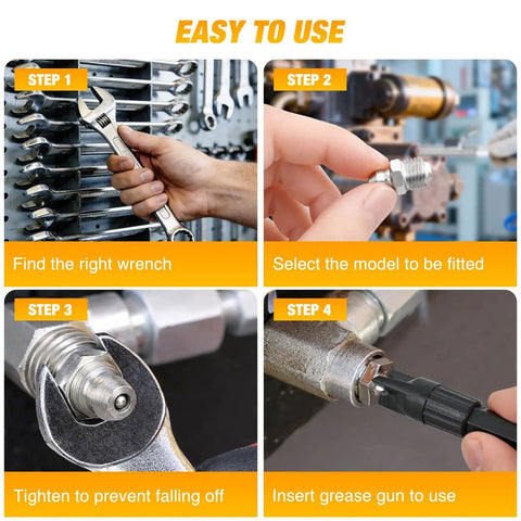 Steps for using 60 Piece Zerk Grease Fittings Kit With Straight 45 90 Degree Angles In M6 M8 M10 Metric Assortment