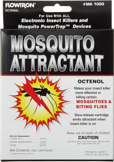 Mosquito attractant cartridge packaging for insect killers with octenol, 67.2% active ingredient, for mosquitoes and biting flies.