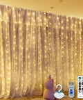 Warm White Curtain Lights For Bedroom 300 LEDs 9.8Ft By 9.8Ft Window Fairy Curtain String Light With 16 Hooks displayed indoors