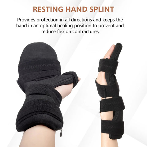 Resting Hand Brace For All Night Use Soft Grip Hand Splint Supports Fingers and Wrist Immobilizer in black fabric shown on hand.
