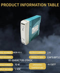 Rugged Industrial Grade 5V 2A DIN Rail Power Supply 10W With Wide Input 85 To 264VAC Or 120 To 370VDC, Fully Regulated Output UL508 Certified With TUV EAC BSMI ASNZS, Ideal For Factory Automation And Continuous Duty Use., DIN rail power supply, teal and white, 3.94 x 0.89 x 3.55 in