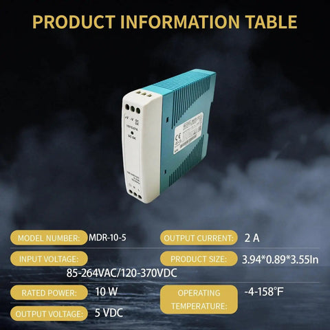 Rugged Industrial Grade 5V 2A DIN Rail Power Supply 10W With Wide Input 85 To 264VAC Or 120 To 370VDC, Fully Regulated Output UL508 Certified With TUV EAC BSMI ASNZS, Ideal For Factory Automation And Continuous Duty Use., DIN rail power supply, teal and white, 3.94 x 0.89 x 3.55 in