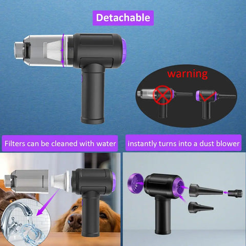 3 In 1 Mini Computer Vacuum Cleaner With 14500 Pa Suction, 110000 RPM Air Duster And Blower, detachable parts displayed