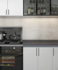 Modern kitchen featuring 5 Inch Cabinet Pulls Matte Black Zinc Alloy Drawer Pulls on white cabinets, highlighting sleek design.