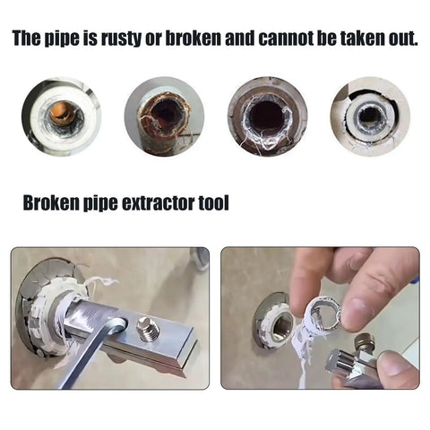 Broken Pipe Extractor Tool Set for damaged faucets and water pipes in action, showing removal process from rusted metal surface.