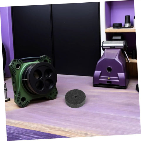 Six Piece Nylon Polishing Wheels 75MM With 10MM Hole For Metal Finishing And Buffing Tasks on workshop surface.